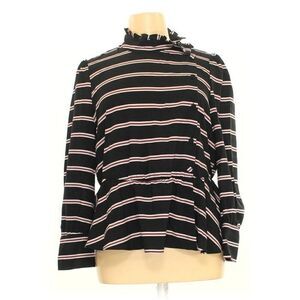 Who what wear black stripe Mock neck peplum asymmetrical button career blouse M